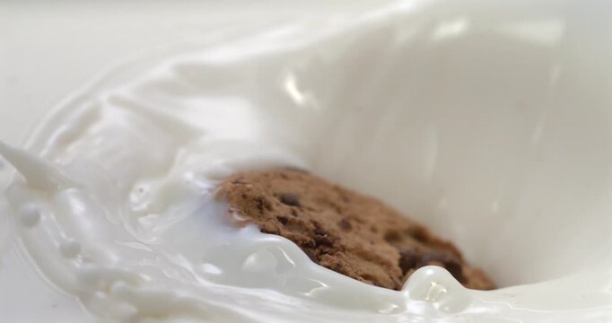 Chocolate chip cookie splashing into milk in super slow motion 1000 fps