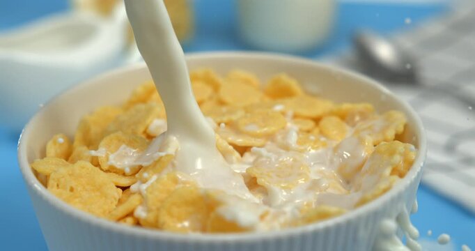 Fresh milk pouring into crispy corn flakes in white bowl in ultra slow motion