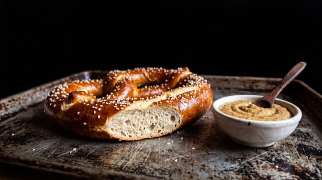 Soft pretzel with sesame seeds and a bowl of mustard dip on a baking sheet