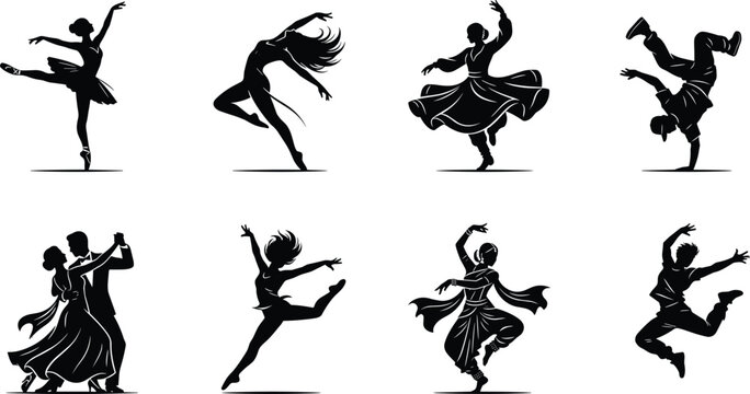 Black silhouette vector set of diverse dancers performing ballet, breakdance, ballroom, and contemporary styles