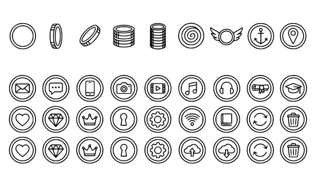 Minimalist coin outline icon pack | 30 financial vector illustrations | Editable stroke white background currency set