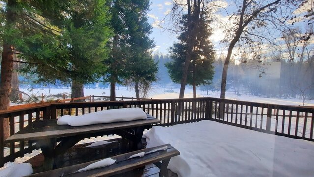 Cabin deck winter morning