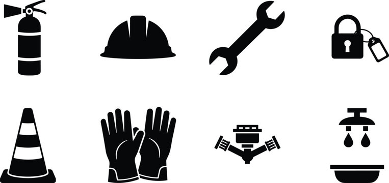 Black silhouette industrial safety and personal protective equipment icon set featuring hard hat and fire extinguisher