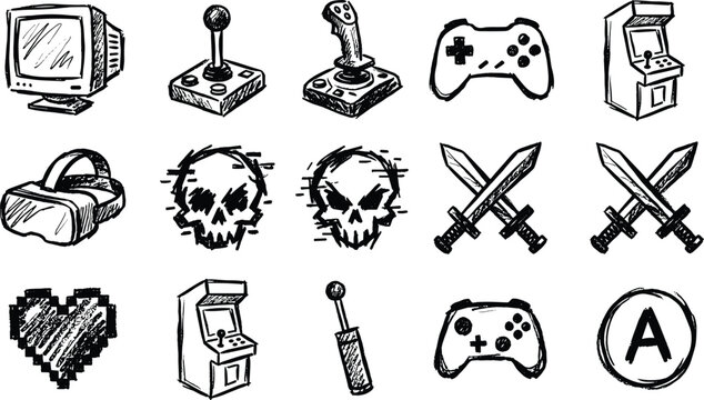 Hand Drawn Retro Gaming and Arcade Icon Set with Video Game Controllers Joysticks Glitch Skulls and Pixel Heart Graphic Elements