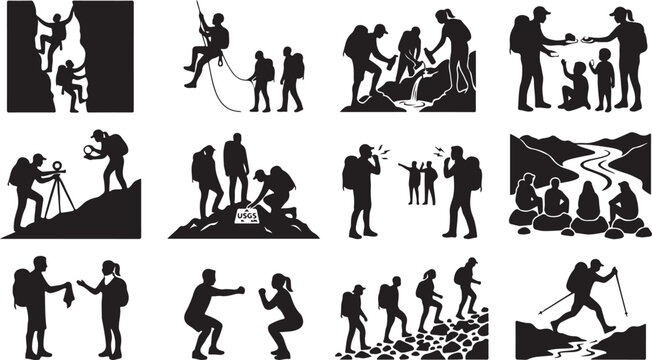 Set of silhouettes of hikers and climbers in various activities in nature