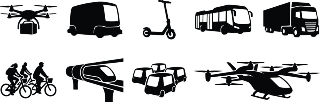 Black silhouette smart city transportation and futuristic mobility icon set featuring drones and autonomous vehicles