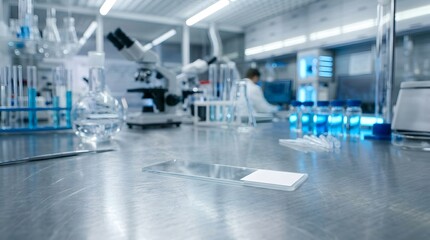 Fototapeta premium Modern laboratory research with microscope and prepared slide in focus