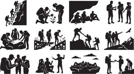 Obraz premium Set of hiking and trekking silhouettes, people exploring nature, climbing mountains, and camping outdoors