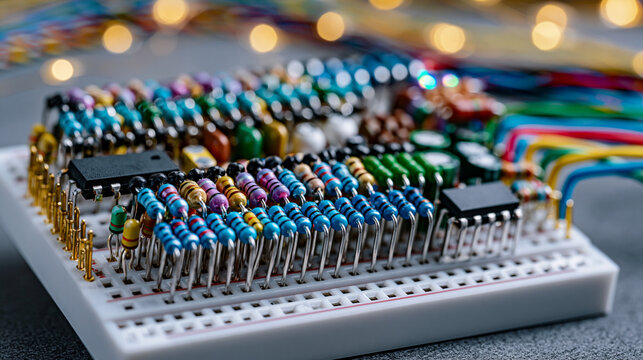 Electronic breadboard with resistors, capacitors, and integrated circuit chips inserted into tie-point rows, jumper wires arcing between rails, component lead terminations pressing into spring conta
