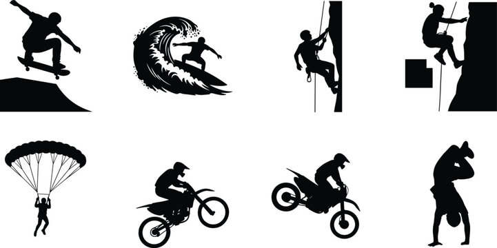 Black silhouette vector set of extreme sports including skateboarding, surfing, rock climbing, motocross, and skydiving
