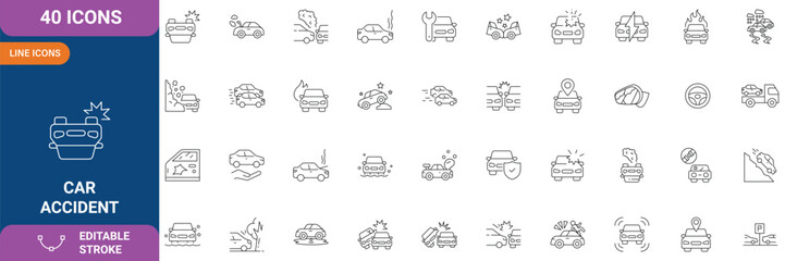 Car Accident Icon Set. Containing Collision, Crash, Insurance, Road Safety, Emergency, Vehicle Damage, Warning, Traffic, Tow Truck and etc. Line Icon. Editable Stroke. Vector Illustration © Ariful