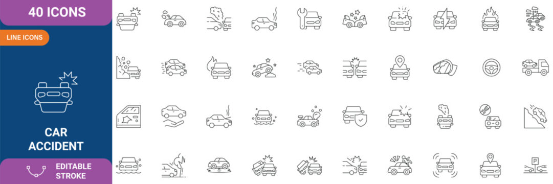 Car Accident Icon Set. Containing Collision, Crash, Insurance, Road Safety, Emergency, Vehicle Damage, Warning, Traffic, Tow Truck and etc. Line Icon. Editable Stroke. Vector Illustration