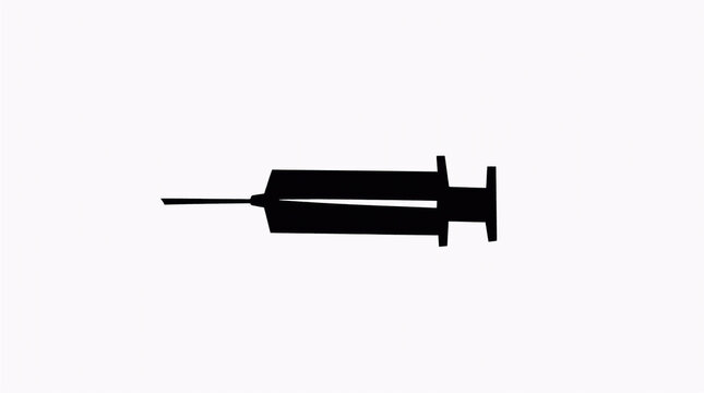 Flat black silhouette illustration of a vaccination syringe,Black silhouette of a medical syringe on white background,Medical injection syringe black vector icon isolated on white,
