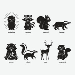 Naklejka premium Woodland Animal Silhouettes Black And White Vector Illustration Set