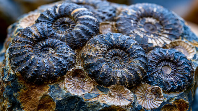 Multiple fossil specimens embedded in limestone slab, ammonite suture pattern and brachiopod impressions clustered across cut surface, Jurassic marine invertebrate record, paleontological field spec