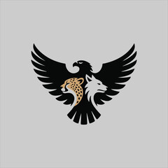 Fototapeta premium Eagle with cheetah and wolf logo design, Majestic eagle leopard and wolf vector emblem, Predator animals heraldic logo with bird of prey, Wild animal trio mascot logo icon