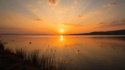 Obraz premium Sunset over calm lake with reflections and silhouettes of distant hills, grass along the shore, and colorful clouds in the sky during golden hour
