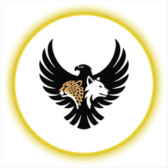 Fototapeta premium Eagle with cheetah and wolf logo design, Majestic eagle leopard and wolf vector emblem, Predator animals heraldic logo with bird of prey, Wild animal trio mascot logo icon