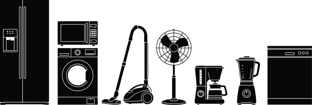 Set of black home appliance silhouettes including refrigerator, washing machine, and microwave isolated on white background