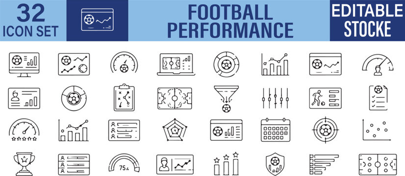 Football Performance Vector Outline Icons Set &ndash; Soccer Performance Analysis, Player Metrics and Sports Analytics Line Symbols Collection
