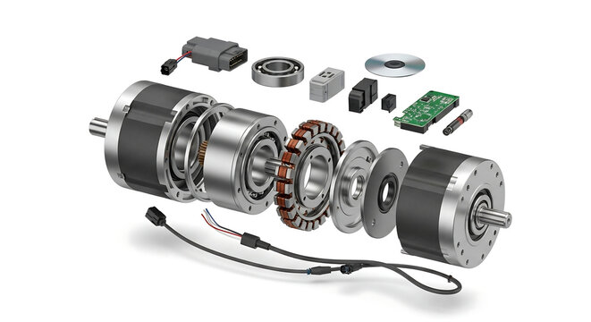 Exploded view of an electric motor showing its internal components, including stator, rotor, bearings, housing, and associated electronic control units and cables.
