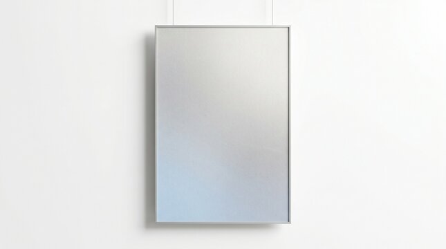 Silver framed mirror on white wall.