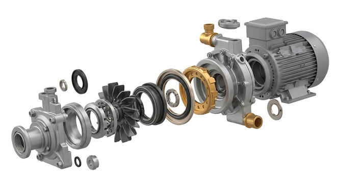 Detailed exploded view of a centrifugal pump and electric motor assembly.
