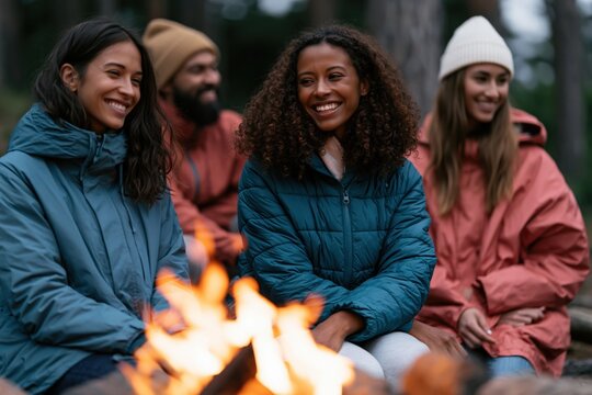 Outdoor friends group around campfire portrait with glowing firelight for camping background and banner design
