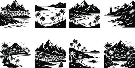 Obraz premium Tropical island landscape silhouettes set with palm trees mountains and ocean scenes in black and white vector