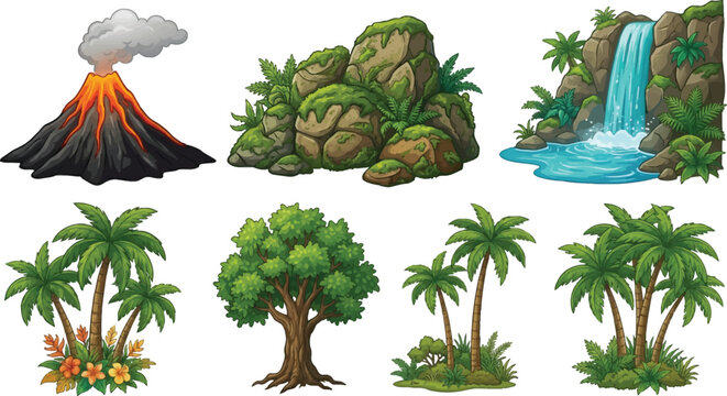 Tropical nature elements set with volcano, waterfall, mossy rocks, and palm trees in a flat vector illustration