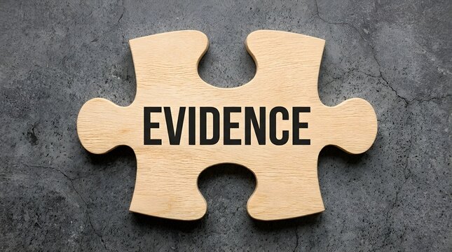 Wooden Puzzle Piece with Evidence Text on Dark Textured Background