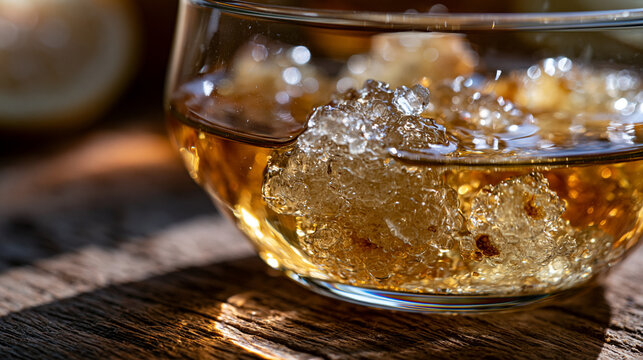 Water kefir grains magnified inside a glass fermentation vessel, translucent polysaccharide granules clustered in sugar water medium, probiotic SCOBY grains casting refractive shadows on jar base, l