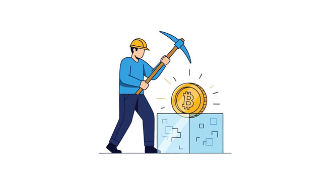 Cryptocurrency Miner Illustration, Worker with Pickaxe Mining Bitcoin from Blockchain Block, Digital Gold Mining Concept