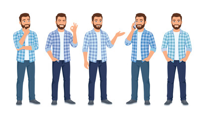 Casual young man character standing in various everyday communication gestures and confident poses. Smiling male, plaid shirt, denim jeans, smartphone, isolated vector.