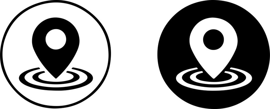 The image displays two circular location or map pin icons side by side, showcasing a classic inverted color design. The icon on the left features a black map marker with a central cut