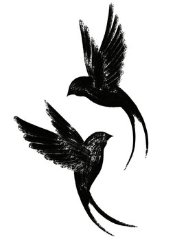 pair of flying swallows silhouette ink wash style illustration