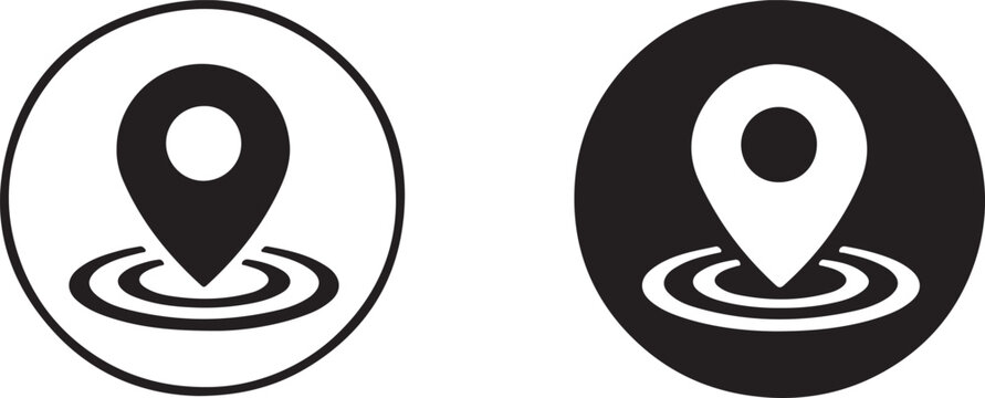 The image displays two circular location or map pin icons side by side, showcasing a classic inverted color design. The icon on the left features a black map marker with a central cut