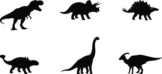Dinosaur Silhouette Collection Featuring Tyrannosaurus, Triceratops, Stegosaurus and Other Prehistoric Reptiles Isolated on White Background for Educational Design © Vectorial Arts