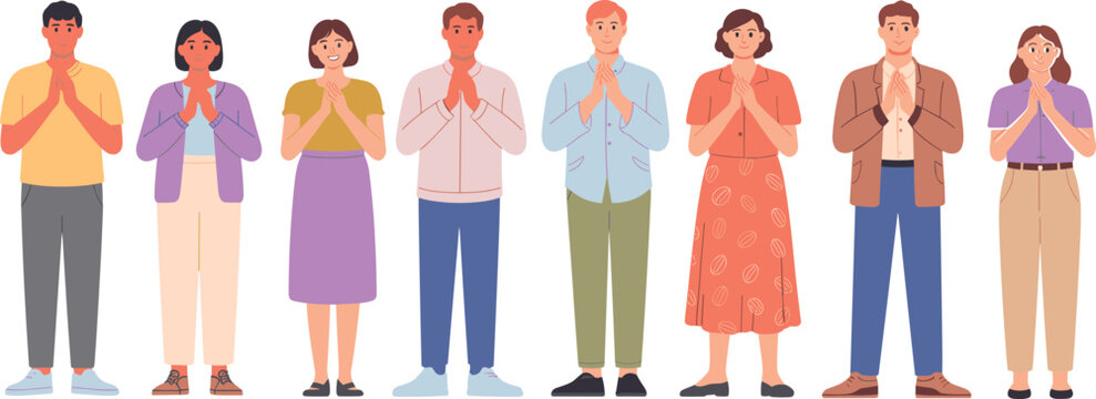 Row of diverse people standing together with hands pressed in prayer position or greeting gesture isolated on white background, vector