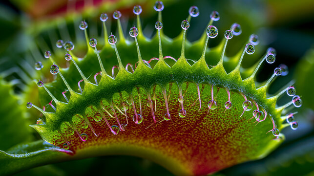 Dionaea muscipula Venus flytrap trigger hair extreme close-up, mechanosensory trichome base where epidermal cells compress at midrib hinge, serrate marginal cilia interlocking geometry, high magnifi