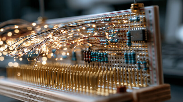 Electronic breadboard with resistors, capacitors, and integrated circuit chips inserted into tie-point rows, jumper wires arcing between rails, component lead terminations pressing into spring conta