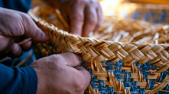 Flat reed basket weaving in progress, plaited over-under pattern at corner turn, natural dried Phragmites australis material, basketry craft studio, traditional indigenous weaving technique, fiber a