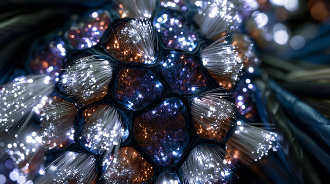 Fiber optic cable bundle cross-section glowing with transmitted illumination, dozens of cladded silica strands packed in hexagonal arrangement, each core carrying internal light visible as pinpoint 