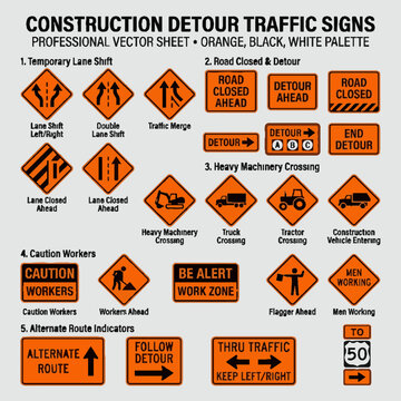 Comprehensive Vector Set of Construction and Road Detour Traffic Signs.