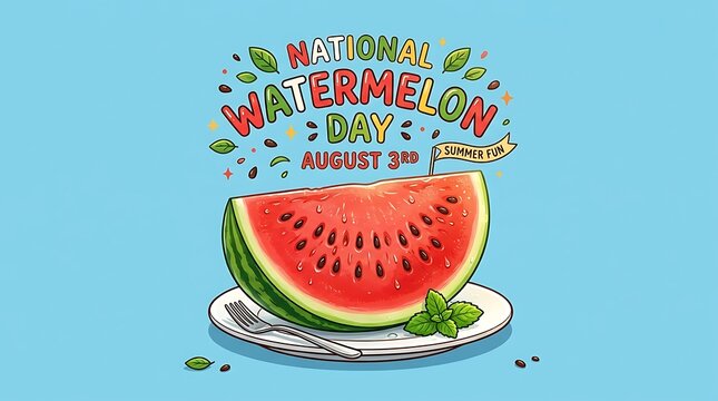 Watermelon slice on plate celebrating National Watermelon Day with summer fun banner