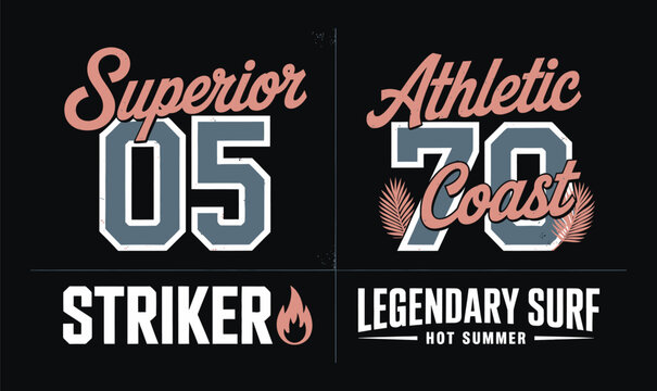 Vintage Athletic and Surf Typographic Badges Vector Set for T Shirt Print Design