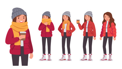 Young woman character set wearing warm winter clothes in different outdoor poses. Smiling female, puffer jacket, knit beanie, scarf, coffee cup, vector. © Creative Studio 