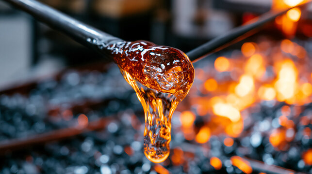 Molten borosilicate glass gather on iron blowpipe tip glowing incandescent in furnace mouth, viscous fluid gravity drop forming, glassblowing studio, sodium silicate melt temperature, flameworking a