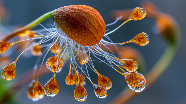 Polytrichum commune moss sporophyte capsule releasing spores through peristome teeth, magnified at extreme close range, cellular filament structures backlit against neutral gradient, bryophyte repro