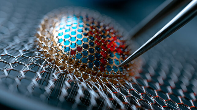 Retinal implant electrode array spread flat against surgical matte tray, platinum microelectrode contacts arranged in precise hexagonal grid, photovoltaic receiver disc gleaming under focused xenon 
